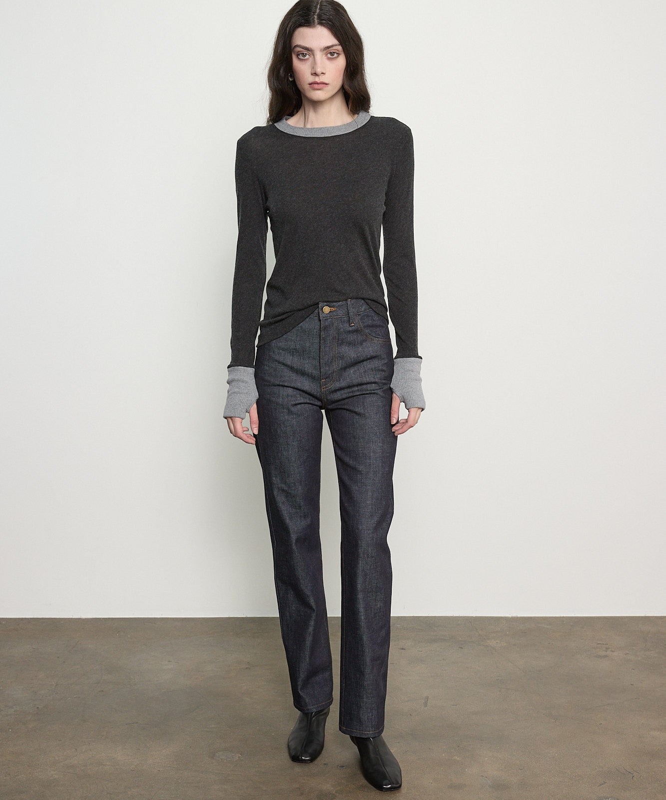 Cashmere Jersey Contrast Easy Cuffed Crew