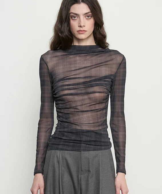 Plaid Mesh L/S Twist Top