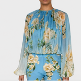 Blue Viscose Flat Chiffon Crop Top